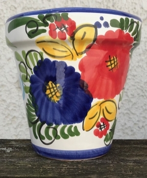 Wandblumentopf, glasiert mit Blumen blau/rot